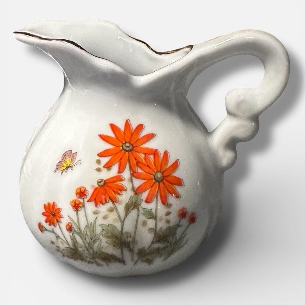 VTG Japanese Made Small Pitcher | Creamer UCGC Floral Butterfly Gold Trim 3.5"